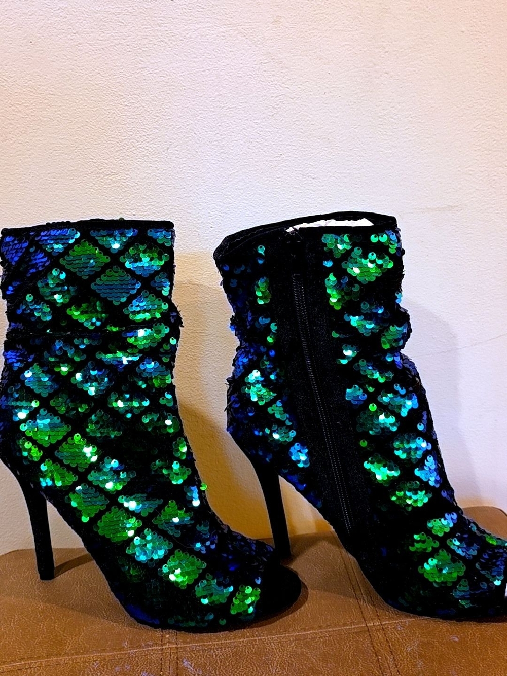 Sequin Ankle Boots in Green and Blue - Women's Fashion Heels